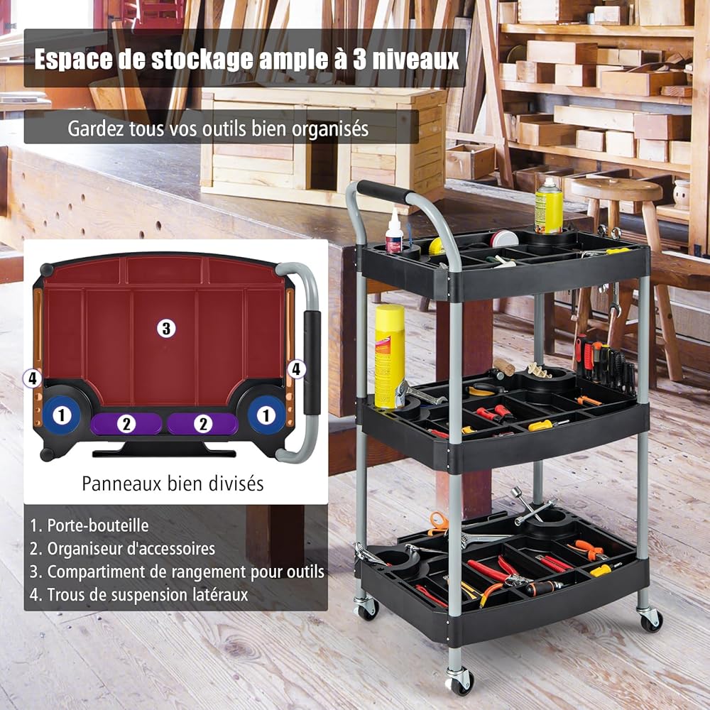 GOPLUS Chariot Service d'Atelier, Chariot d'Outils à 3 Niveaux avec Porte-Bouteilles et Porte-Outils Moulés, Poignée Ergonomique & Roues Verrouillables pour Garage, Atelier : Commerce, Industrie et Science