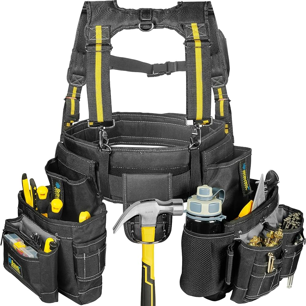 Ceinture à outils avec bretelles – Ceinture à outils ultra en nylon balistique 1200D – Poche élargie pour téléphone – Sacs à outils pour homme, charpentier, électricien : Bricolage