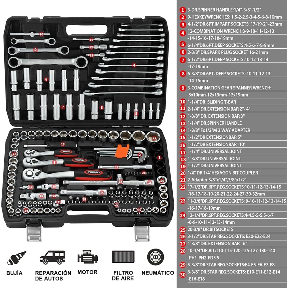 TEENO Caisse à Outils Complète en Coffret Douille de 1/4", 3/8" et 1/2", CR-V 151 Pièces Coffret de Douille et Embouts avec 3 Clé à Cliquet Doubles, Outillage Mécanique pour Réparation Voiture Auto : Bricolage