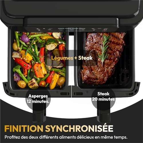 LLIVEKIT Friteuse sans huile 10L, 2 cavités 12-en-1 avec rôtissoire