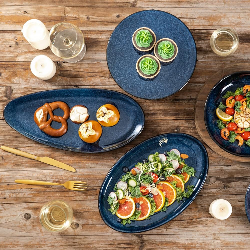 VICRAYS Lot de 3 grands plateaux de service ovales, 40.6 cm/35.6 cm/25.4 cm, en porcelaine pour fête, barbecue, plateaux de service empilables pour apéritifs, sushis, magasin de dessert, bleu : Cuisine et Maison