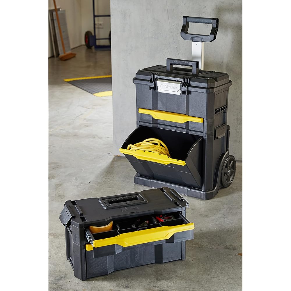 Stanley 1-79-206 Servante modulable avec 4 Tiroirs montés Sur Glissière - Système de Clips Latéraux - Poignée Télescopique - Polypropylène - Dimensions 866 x 488 x 348mm Noir : Bricolage