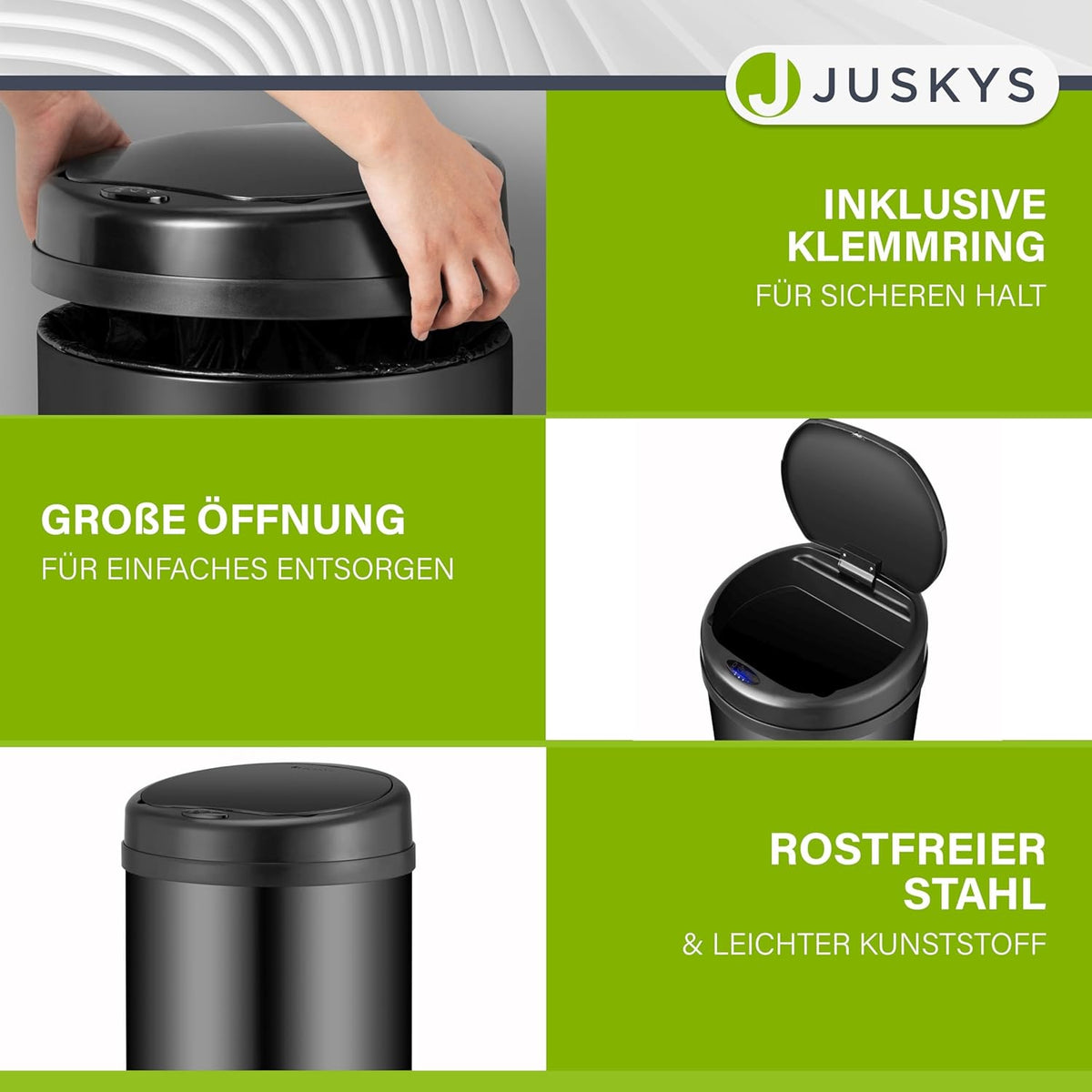Juskys poubelle automatique avec capteur de 30 L - poubelle électrique, détecteur de mouvement, couvercle automatique, étanche, bague de serrage, cuisine - noir : Cuisine et Maison