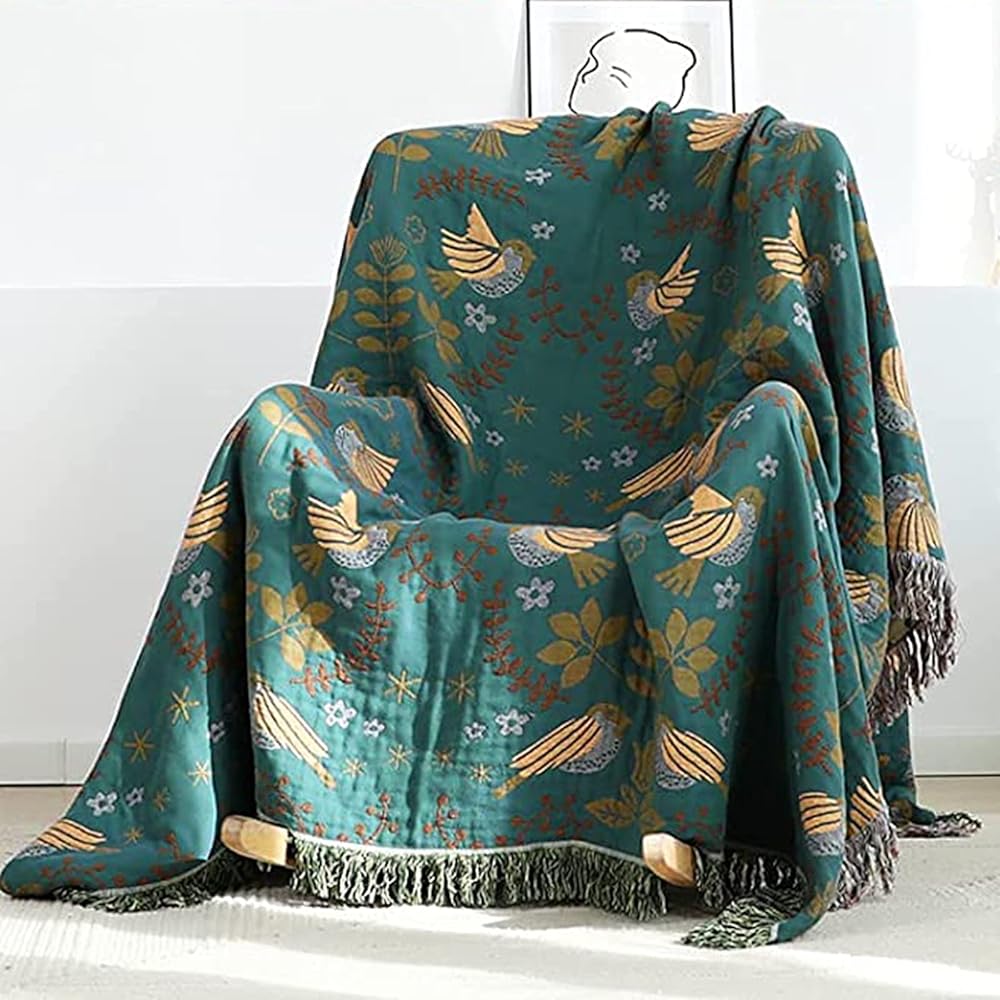 HOORDRY Couverture tissée 100 % coton avec franges, couvre-lit boho double face, 200 × 230 cm, bleu/beige, noble et douillet pour regarder la télé, plaid de fauteuil, couverture réversible : Cuisine et Maison