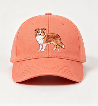 Zyentral - Washed Cotton Hat, Coral Border Collie Embroidery