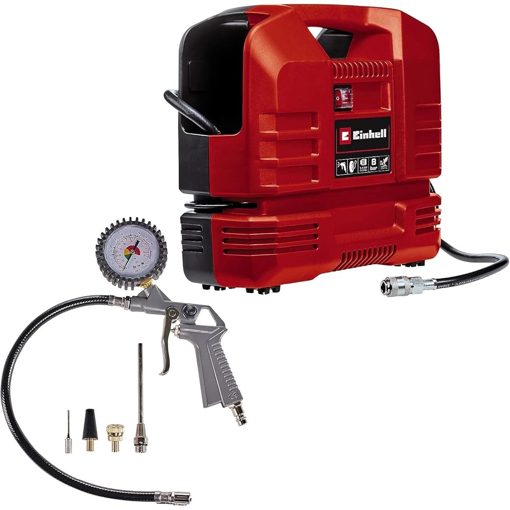Einhell Compresseur TC-AC 190 OF Set (1 100 W, 8 bar max, puissance d’aspiration 190 L/min, régime moteur 15 000 tr/min) avec kit de 3 adaptateurs : Bricolage