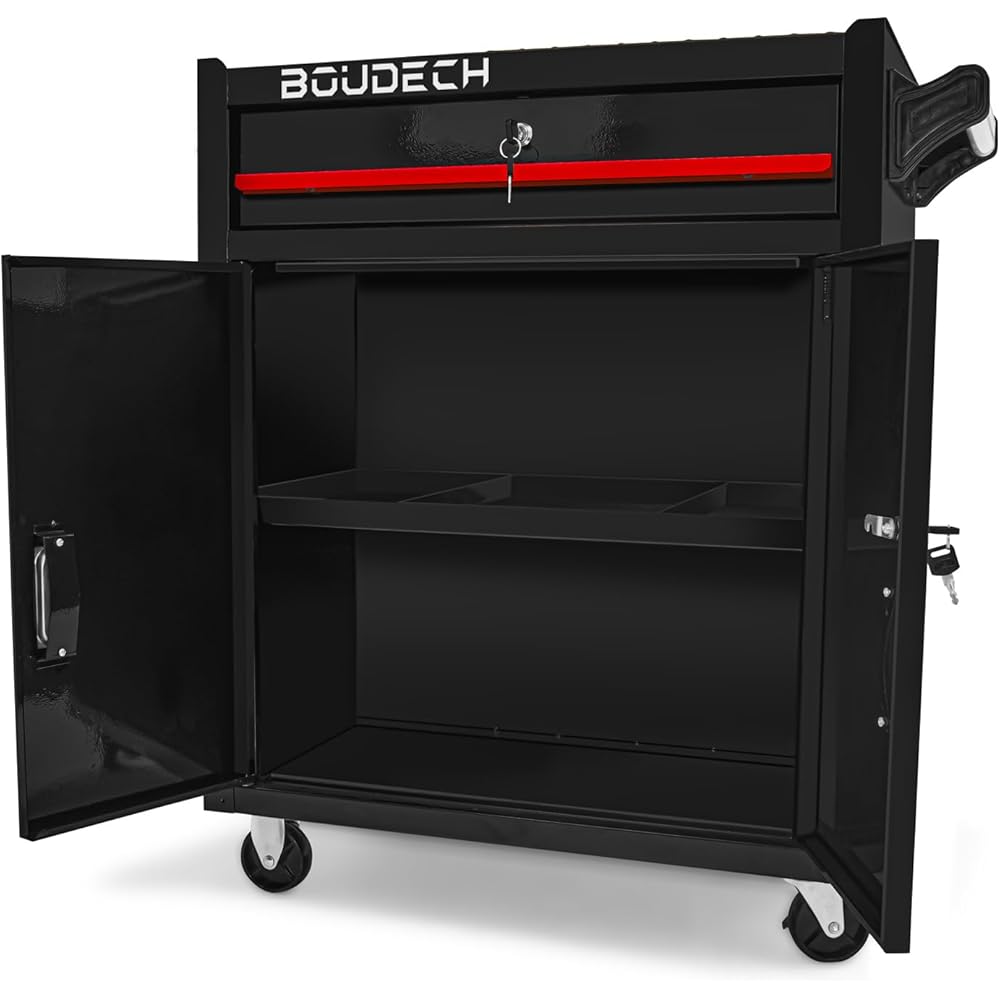BOUDECH Buddy Chariot d'atelier à deux portes avec tiroir et serrure, armoire de garage avec roues autobloquantes, surface de travail avec tapis antidérapant : Bricolage
