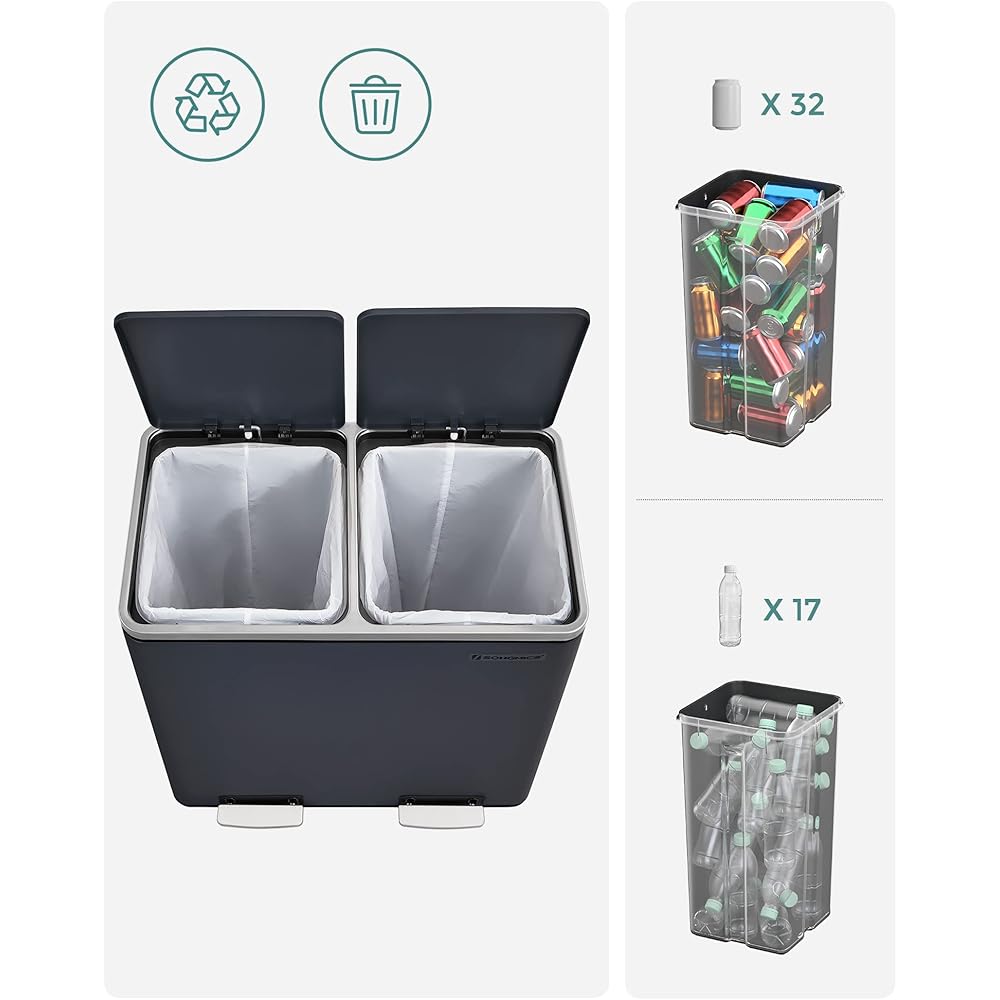SONGMICS Poubelle de Recyclage, Poubelle Double Seau, 2 x 24L, 2 Compartiments, mécanisme Tampon, pédales, Couvercle, Acier, Seau intérieur en Plastique, poignée de Transport, Anthracite LTB48GS : Cuisine et Maison