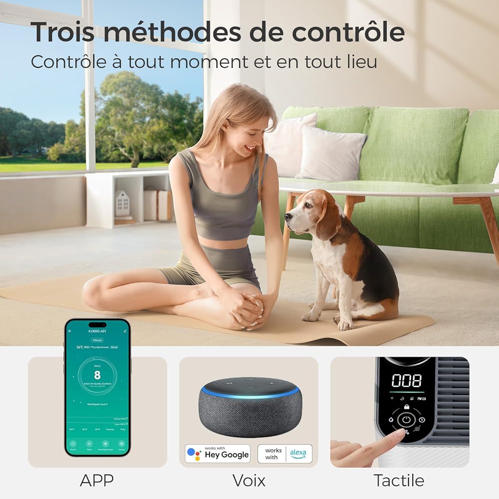 Dhyala Purificateur d'Air Intelligent, contrôle vocal/APP, Purifier jusqu'à 161㎡, véritable filtre à air à charbon actif HEPA, élimine 99,97% polluants, Air Purifier pour Poussières Animaux Odeurs : Cuisine et Maison