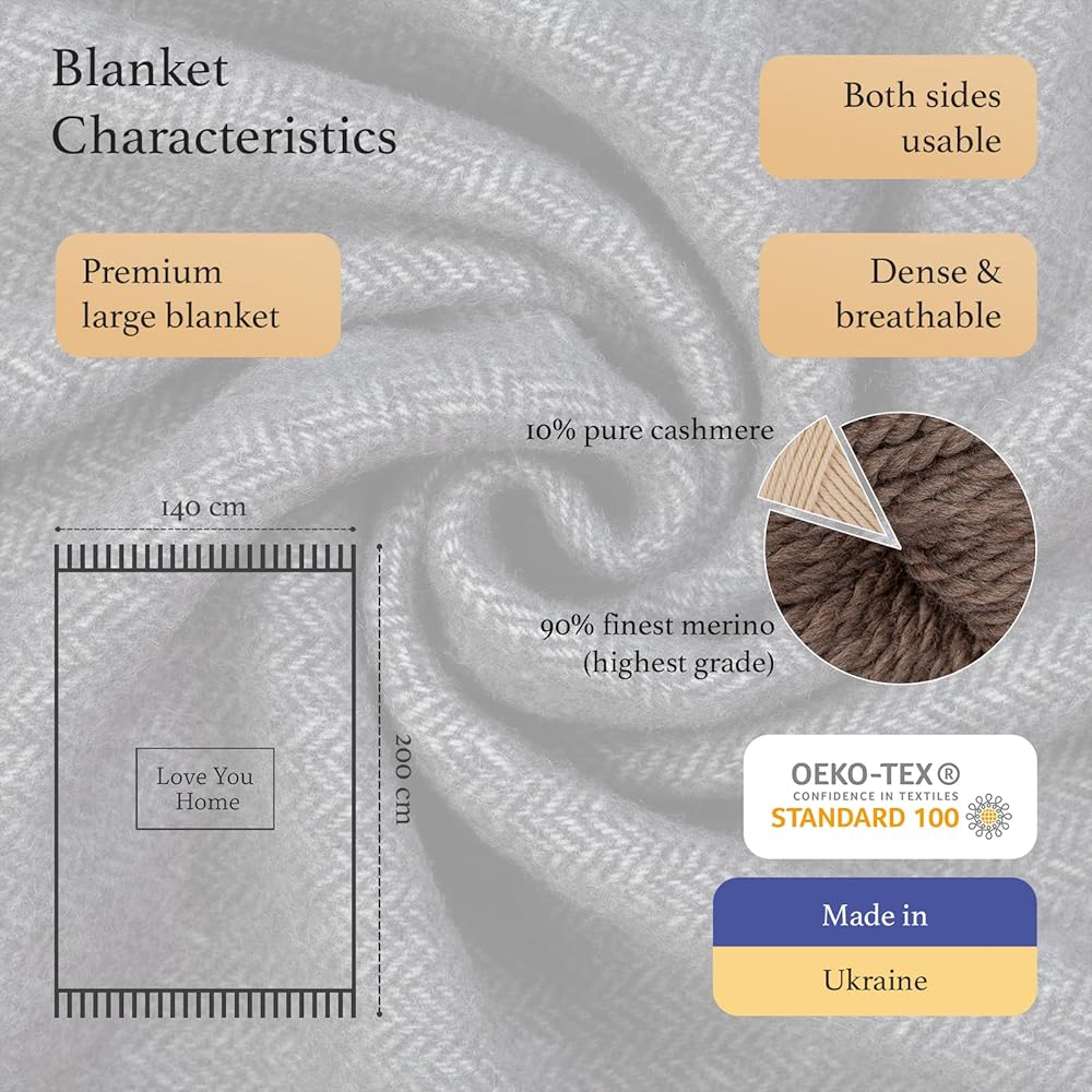 LYHome Plaid Cachemire et Merinos - Couverture pour Le Canape Le Lit, Couvertures Luxe en Laine de Mouton Grande Taille, Chaude Doux Automne et Hiver (140 x 200 cm | Gris Foncé avec Blanc Chevron) : Cuisine et Maison