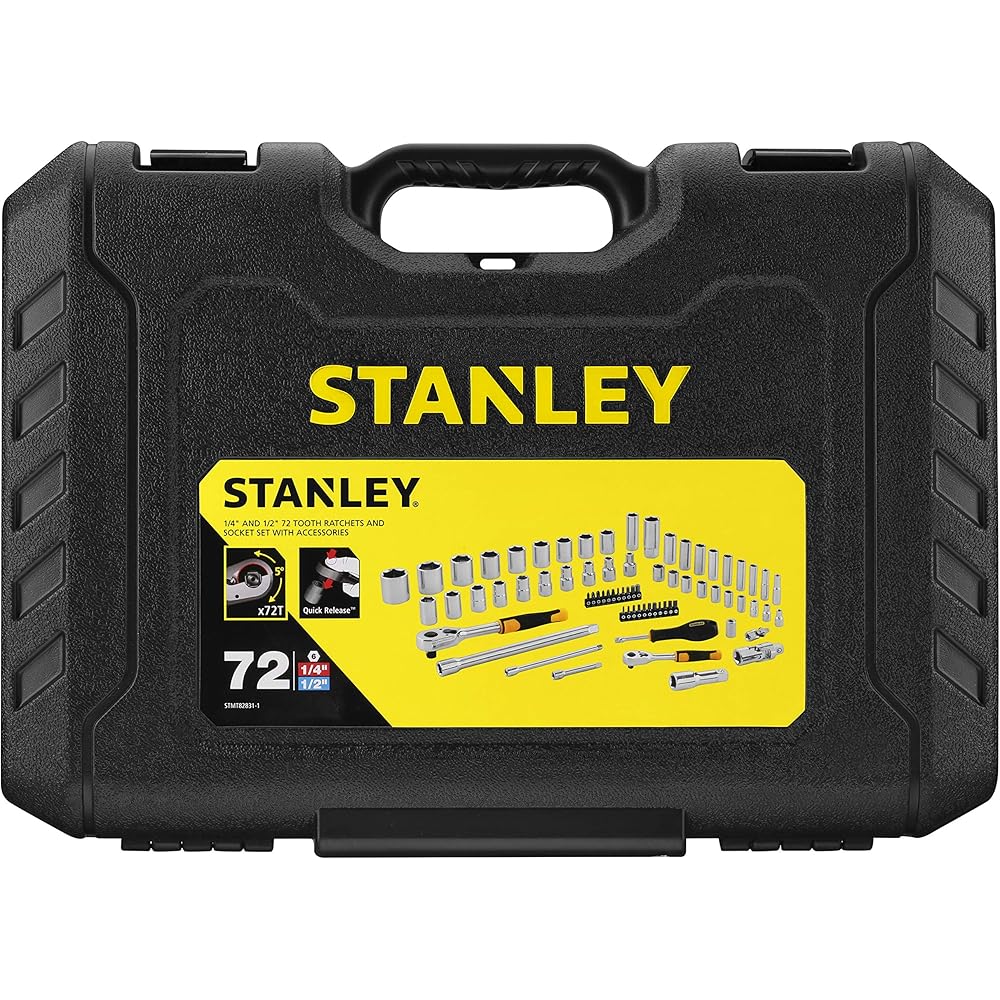 Stanley STMT82831-1 Coffret De Douilles ¼’’ + ½’’ + Cliquet 72 Dents 1/4" + Cliquet 72Dents 1/2" - Coffret Compact Et Résistant Avec Attaches Métal - Jeu De 72 Pièces : Bricolage