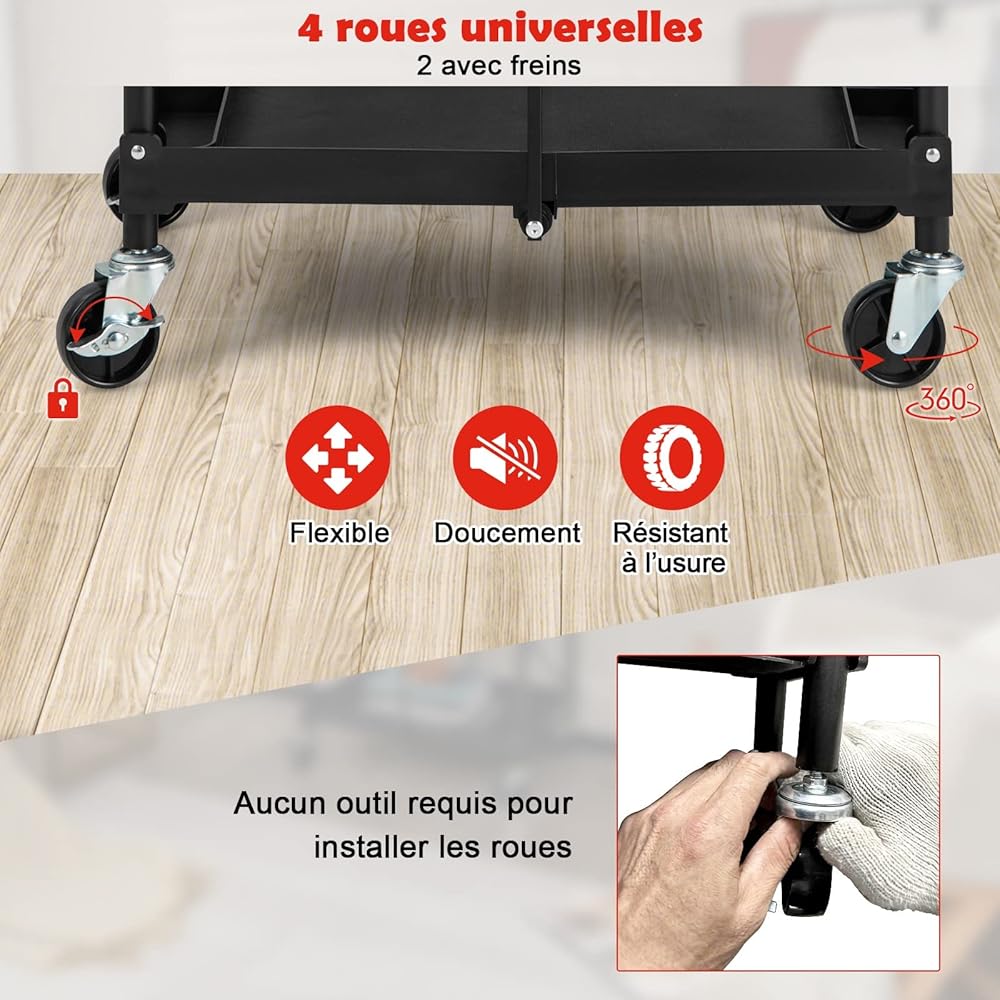 COSTWAY Chariot Servante d'Atelier à 3 Niveaux Pliant avec Roues Universelles, Chariot à Outils 4 Rainures et Mains Courantes Charge 45KG, 61 x 44 x 96 cm Noir : Commerce, Industrie et Science