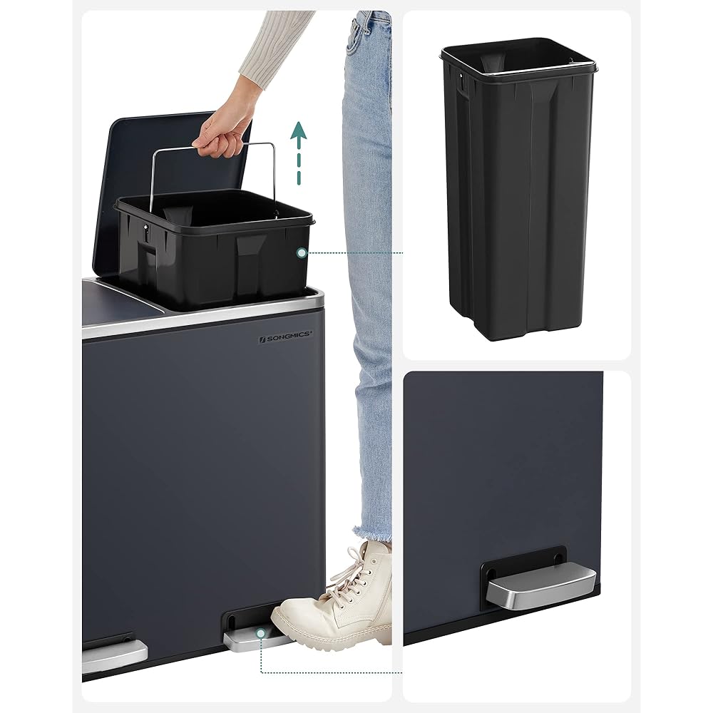SONGMICS Poubelle de Recyclage, Poubelle Double Seau, 2 x 24L, 2 Compartiments, mécanisme Tampon, pédales, Couvercle, Acier, Seau intérieur en Plastique, poignée de Transport, Anthracite LTB48GS : Cuisine et Maison