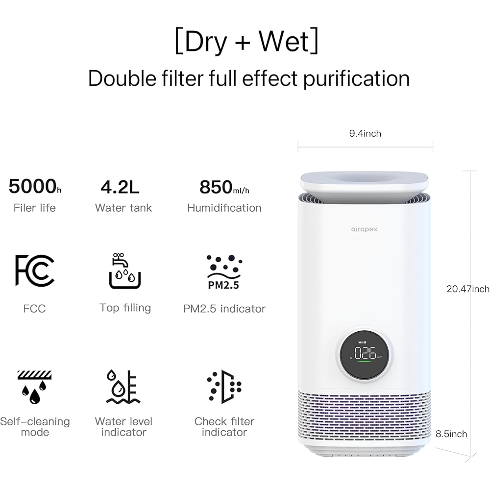 AIRAPEX Purificateur d'air et humidificateur évaporatif combiné pour chambre à coucher avec filtre HEPA autonettoyant Nettoyeur d'air Allergies Animaux de compagnie Poussière Fumée Pollen Odeur -T7pro : Cuisine et Maison
