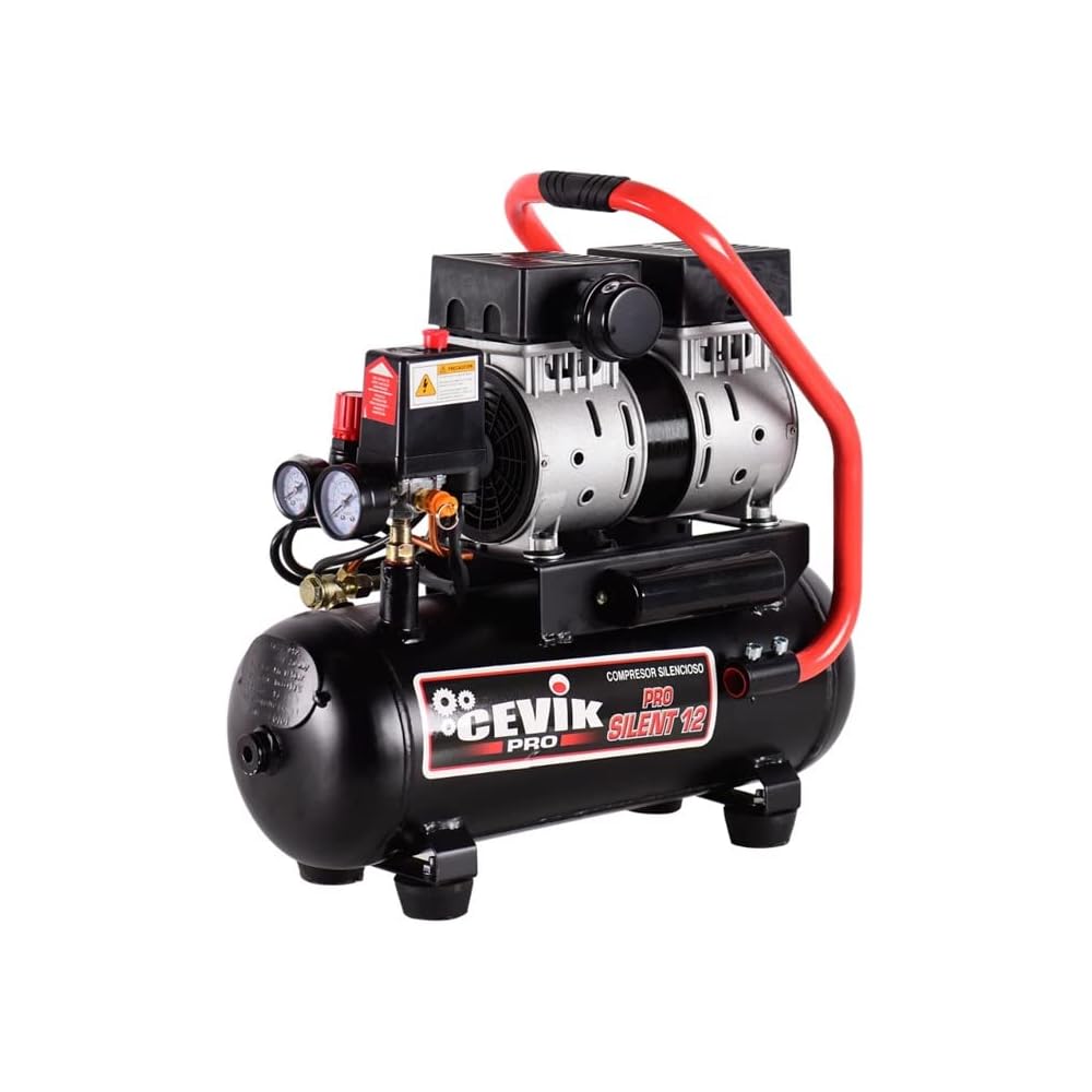 CEVIK PRO - CA-PRO12SILENT - Compresseur d’Air Silencieux - 62 dB - 12L - 1HP - Max 8 Bar - 115 l/min - Sans Huile - Deux Sorties d’Air - Compact Portable - Compresseur Peinture Outils Pneumatiques : Bricolage