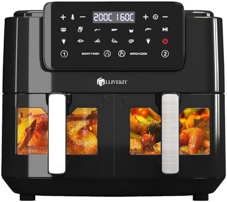 LLIVEKIT Friteuse sans huile 10L, 2 cavités 12-en-1 avec rôtissoire