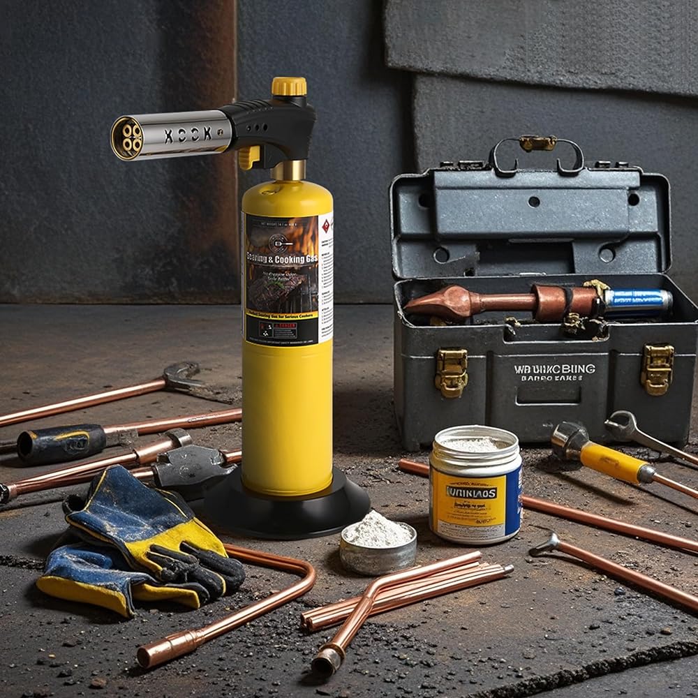 KOOKCOOK Tête de torche au propane, puissante tête de chalumeau à 4 flammes avec allumage, kit de pistolet à gaz MAPP MAP sur support de réservoir de propane de 0,5 kg pour souder, souder, braser, : Bricolage
