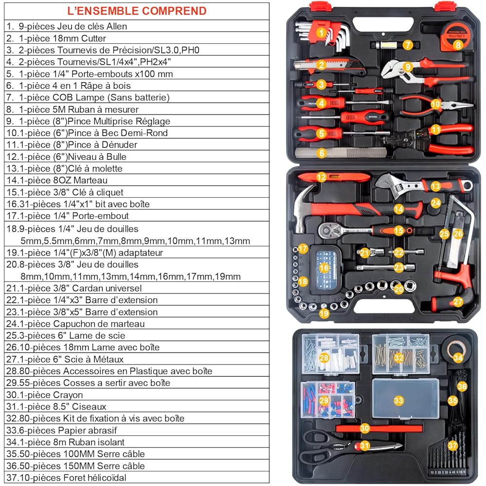 BINGCOBBER 427PCS Kit d'outils de réparation généraux de maison, Ensemble d'outils de réparation la maison/automobile, Boite a Outils Professionnel,Malette outils avec jeu de Tournevis, Marteau, Pince : Bricolage
