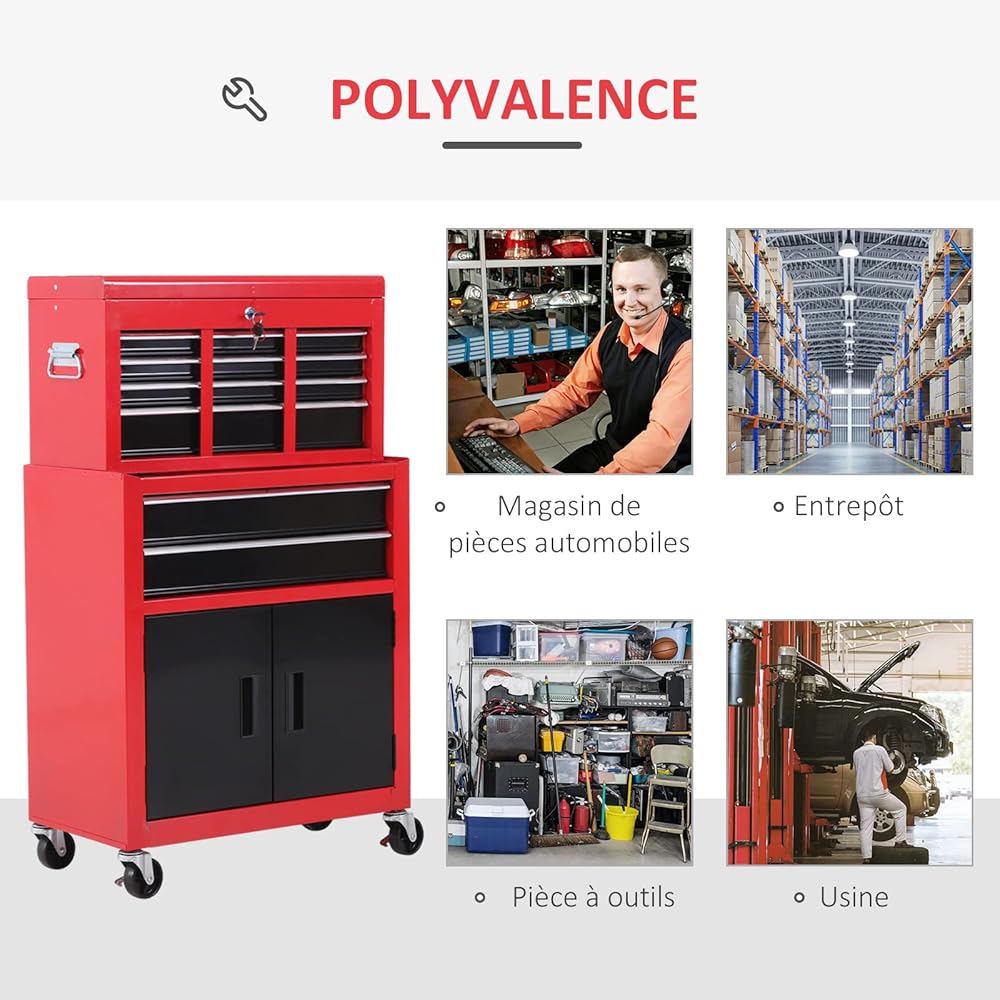 HOMCOM Servante d'atelier servante/Caisse à Outil 6 tiroir +1 Commode Coffre Amovible Chariot Acier Rouge et Noir : Bricolage