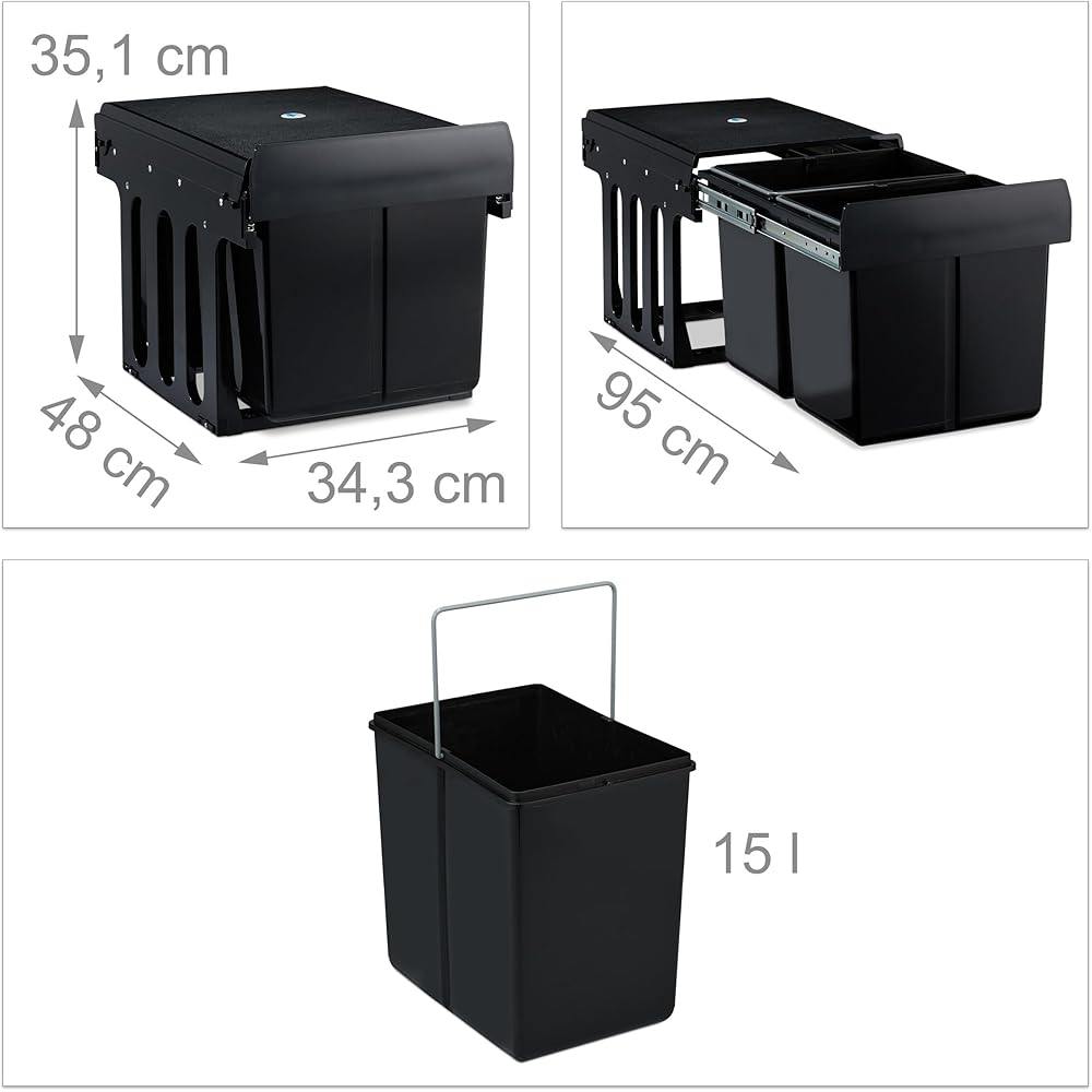 Relaxdays poubelle encastrable coulissante, 2 bacs, système de trie pour le sous-évier, 2x15l, 35,1 x 34,3 x 48 cm, noir : Cuisine et Maison
