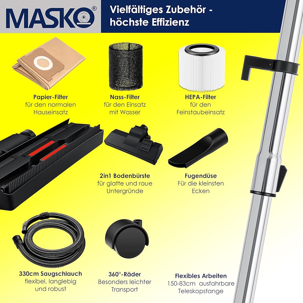 Masko Aspirateur eau et poussière 2300 W cuve en acier inoxydable avec fonction soufflage et prise électrique