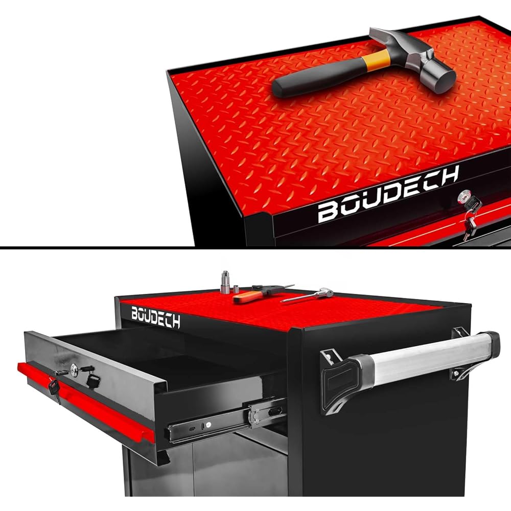BOUDECH Buddy Chariot d'atelier à deux portes avec tiroir et serrure, armoire de garage avec roues autobloquantes, surface de travail avec tapis antidérapant : Bricolage