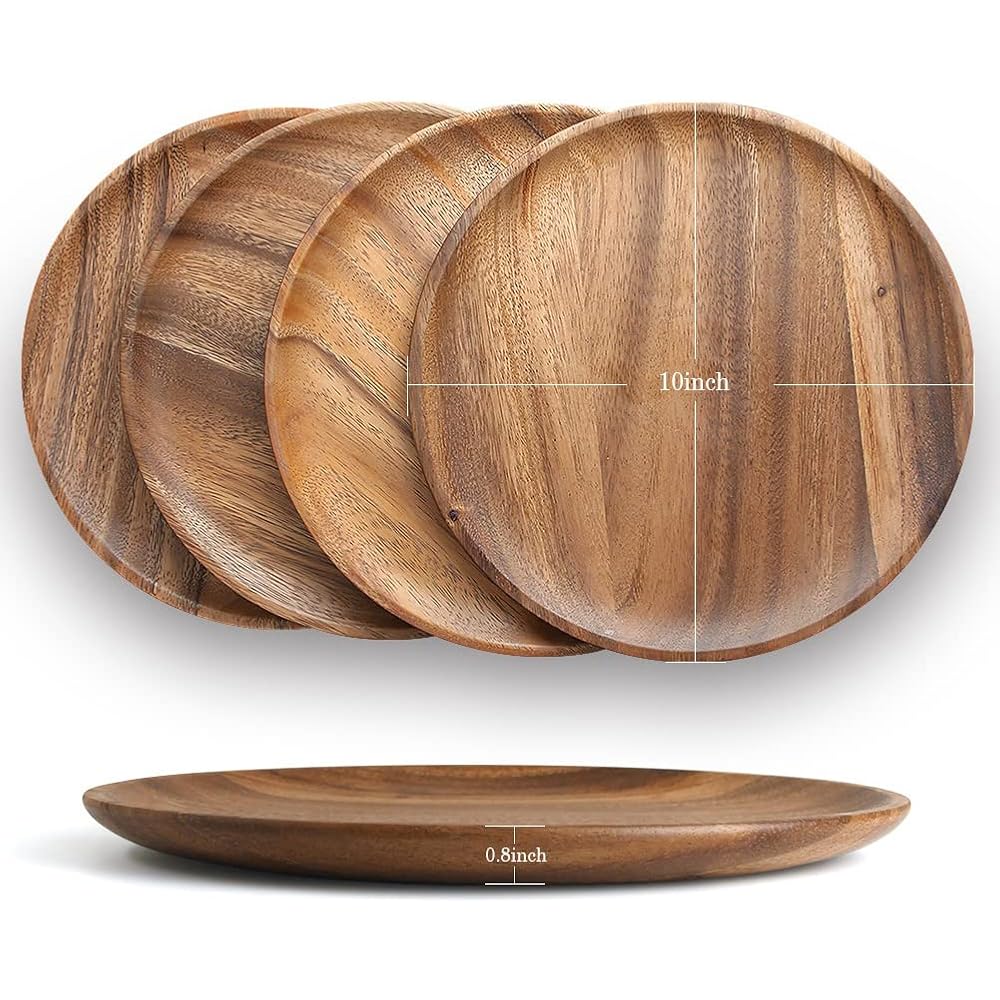 AOOSY Lot de 4 assiettes rondes en bois d'acacia, plateau de service ou plats de service entièrement naturels pour décoration de table, 25 cm, cadeau de pendaison de crémaillère : Cuisine et Maison