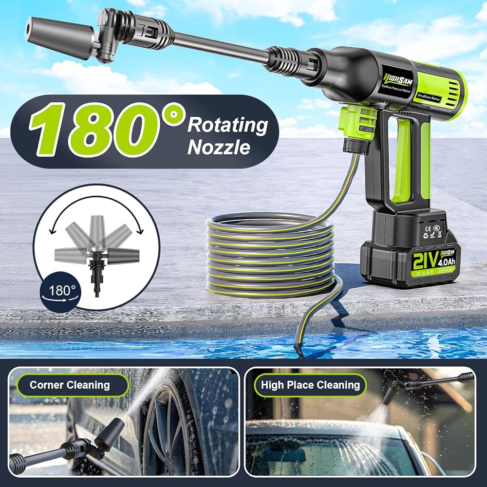 highsam Pressure Washer Nettoyeur haute pression sans fil 4 vitesses max. 120 bar avec 2 batteries 4,0 Ah, buse rotative 6 en 1 et 180 °, tuyau de 5 m : Jardin