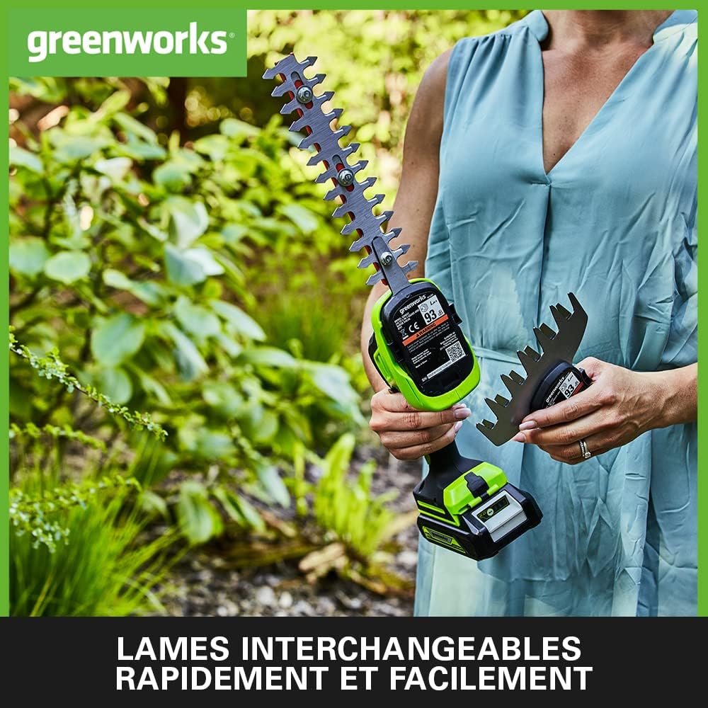 Cisaille sculpte-haies & taille-herbe de 120mm à batterie 2Ah 2en1 Greenworks G24SHTK2 (Li-Ion 24V 2400 coups/min épaisseur 8mm taille-haie de 20cm avec chargeur : Jardin