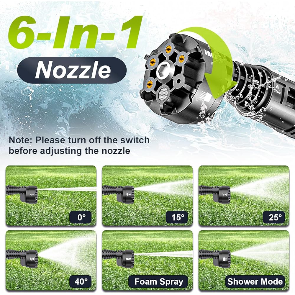 highsam Pressure Washer Nettoyeur haute pression sans fil 4 vitesses max. 120 bar avec 2 batteries 4,0 Ah, buse rotative 6 en 1 et 180 °, tuyau de 5 m : Jardin