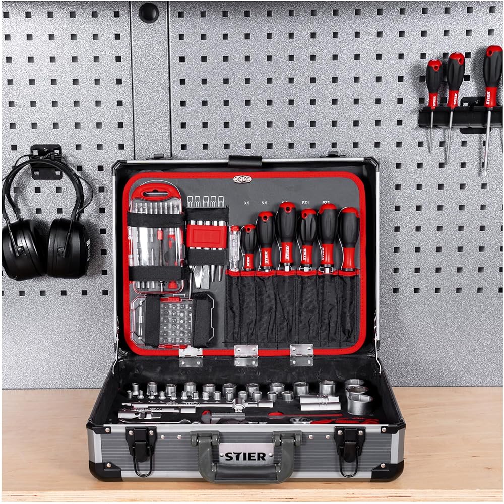 STIER Mallette à outils complète, boîte à outils en aluminium de 144 pièces, outils universels pour les réparations quotidiennes, y compris tournevis, ciseaux, pinces et scies : Bricolage