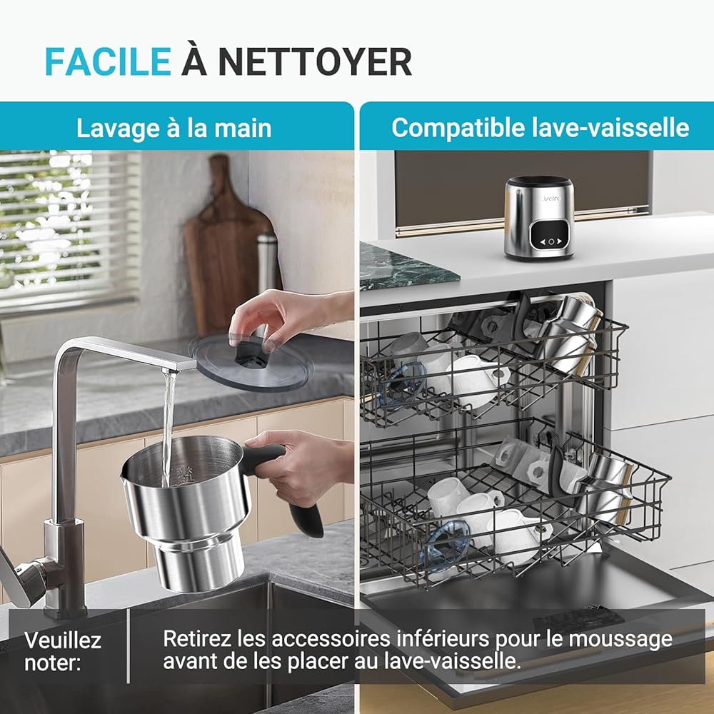 Livatro Mousseur à lait électrique avec double gobelets, 600 ml et 400 ml, passe au lave-vaisselle, avec fonction mémoire, mousse de lait chaude et froide, pour latte, cappuccino, lait au chocolat : Cuisine et Maison