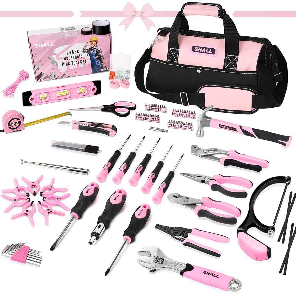 SHALL Ensemble d'outils roses de 246 pièces pour femme, trousse d'outils de base pour la maison avec sac à outils ouvert de 35,6 cm de large, ensemble d'outils à main pour la réparation, l'entretien : Bricolage