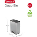 CURVER Poubelle Deco Rectangle 65L, Gris Métallisé, pour Cuisine, Buanderie, Garage, 486x284x615 mm, PP 100% recyclé, packaging renforcé : Cuisine et Maison