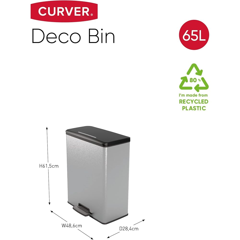 CURVER Poubelle Deco Rectangle 65L, Gris Métallisé, pour Cuisine, Buanderie, Garage, 486x284x615 mm, PP 100% recyclé, packaging renforcé : Cuisine et Maison