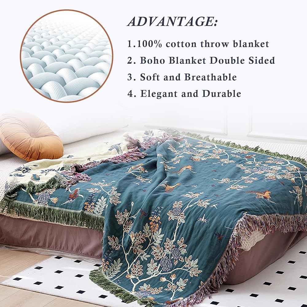 Snylcce Large Double-Sided Bohemian Throw - 100% Coton Biologique tissé à la Main pour lit et canapé, Accent Boho Confortable pour canapés 2-3 Places et fauteuils - 200x230cm,Deep Blue : Cuisine et Maison