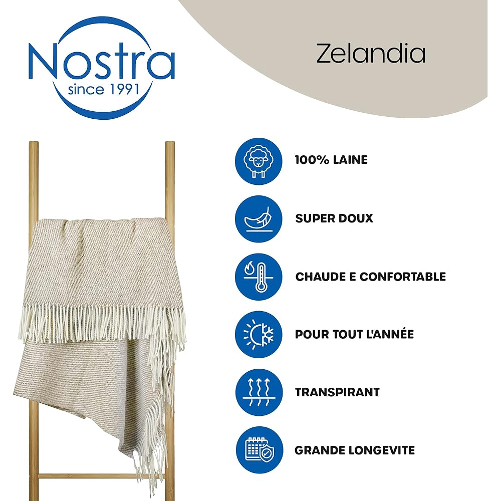 Couverture en Laine 140x200 cm, 100% Pur Produit de Moutons Néo-Zélandais, Plaid en Laine Doux pour Lit et Canapé, Jeté de Lit Élégant avec Franges – Nostra ZELANDIA Couverture Grande Taille : Cuisine et Maison