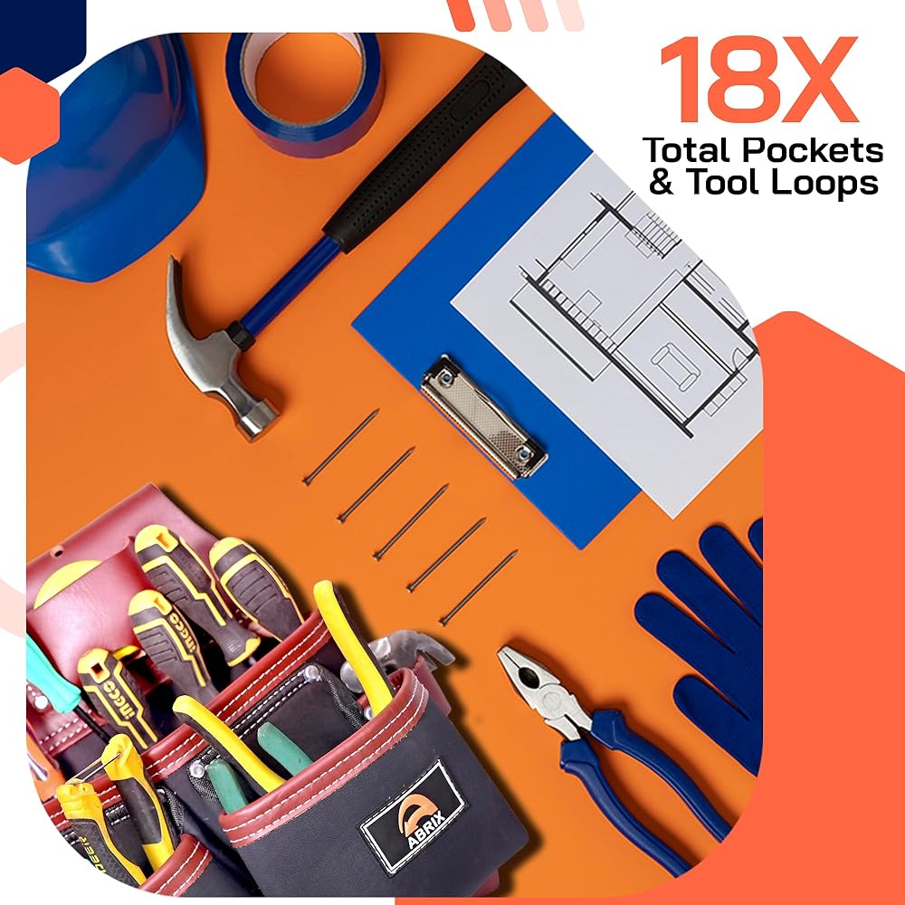 ABRIX, Ceinture à outils en toile et cuir, ceinture de charpentier, ceinture à outils réglable et robuste (76,2 à 132,1 cm), pochette à outils avec 28 poches : Bricolage