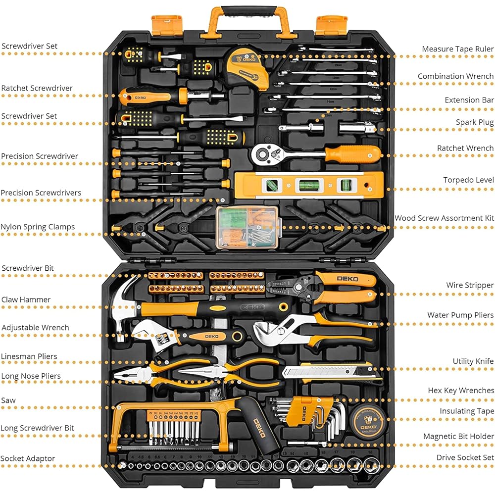DEKO Caisse a Outil 228 Pièces, Malette Boite Coffret Complete Bricolage Portable Marteau Pinces Tournevis Clé Douille Ruban Mesurer Testeur Électrique Stylo Kits Réparation Combiné : Bricolage