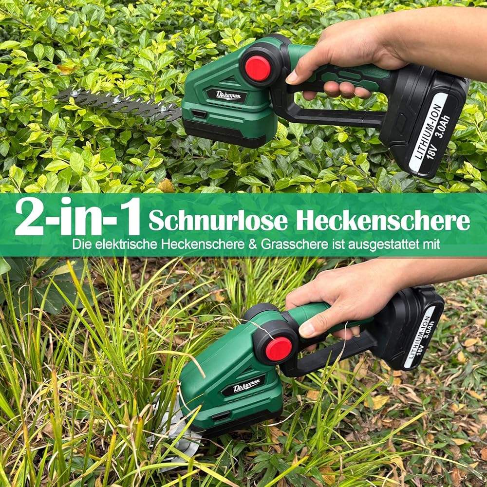 ASUNCELL Sécateur et taille-haie sans fil 2 en 1, cisaille à gazon avec cisaille à arbustes et couteau à gazon (18 V, avec 2 batteries 3000 mAh et chargeur) Longueur de la lame : 22 cm (arbuste) / 13 : Jardin
