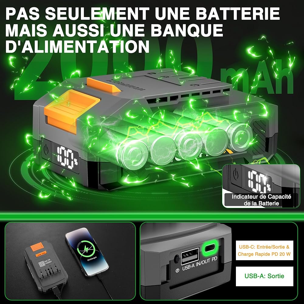 WORKPROX Cisaille Sculpte-Haie sans Fil 20V, Taille-Herbes Électrique avec Batterie 2,0Ah, Longueur/Largeur de Coupe 20 cm/14,5 cm, Ø8 mm, Outil de Jardin pour Gazon, Haies et Élagage, Noir & Vert : Jardin