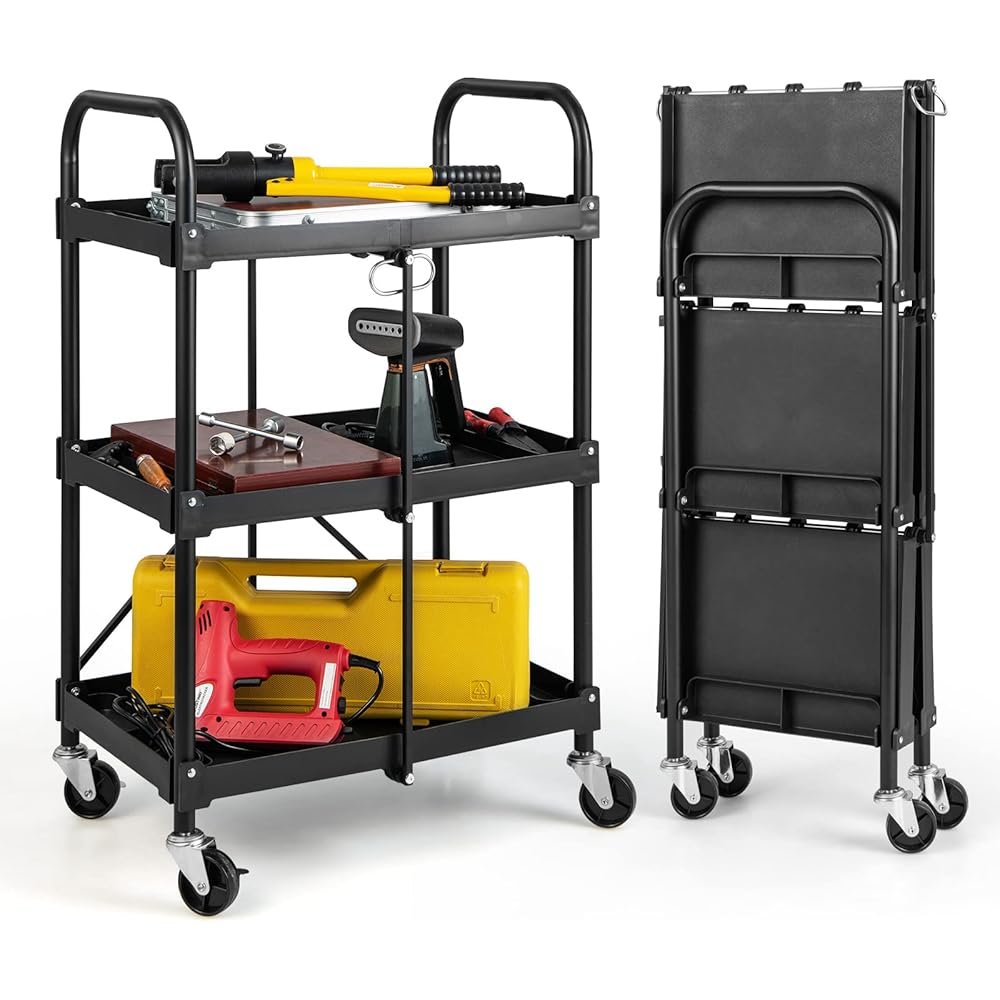 COSTWAY Chariot Servante d'Atelier à 3 Niveaux Pliant avec Roues Universelles, Chariot à Outils 4 Rainures et Mains Courantes Charge 45KG, 61 x 44 x 96 cm Noir : Commerce, Industrie et Science