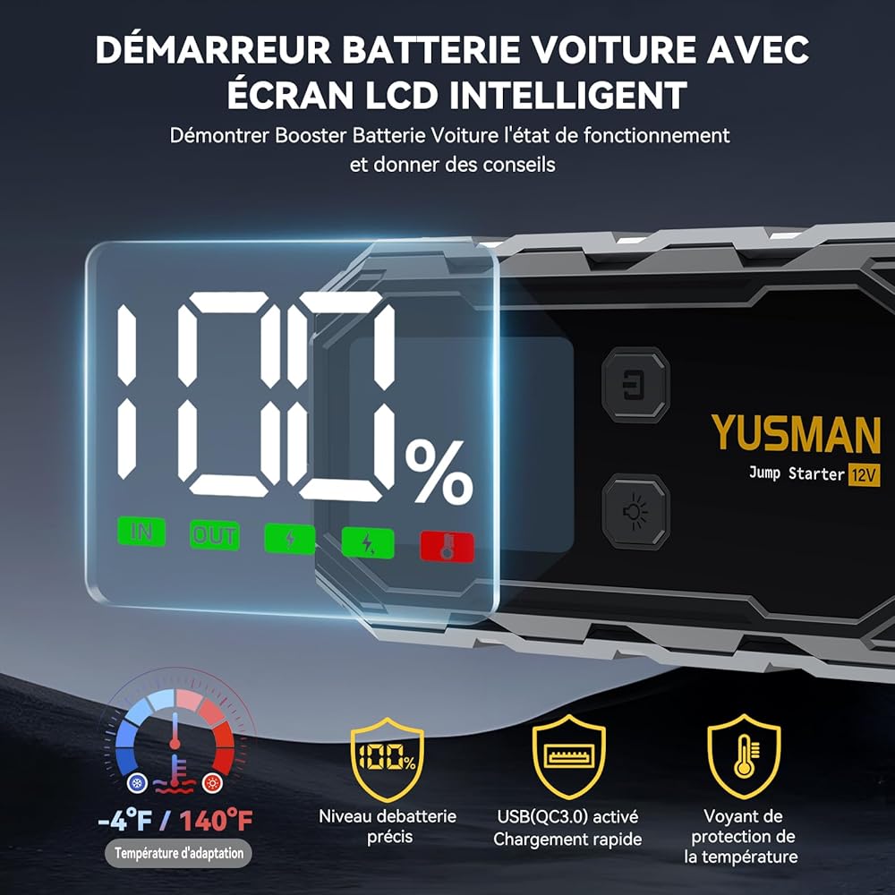 YUSMAN Booster Batterie Voiture 6000A, Démarreur Batterie Voiture Portable (Jusqu'à All GAS/10L Diesel),12V Jump Starter avec Pinces de Sûreté Intelligentes,QC3.0, Lampe à LED, Grand Écran LCD ﻿ : Auto et Moto