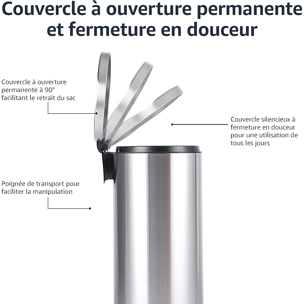 Amazon Basics Poubelle à fermeture amortie, Ronde, 30 l (7.9 Gallons), Argent : Cuisine et Maison
