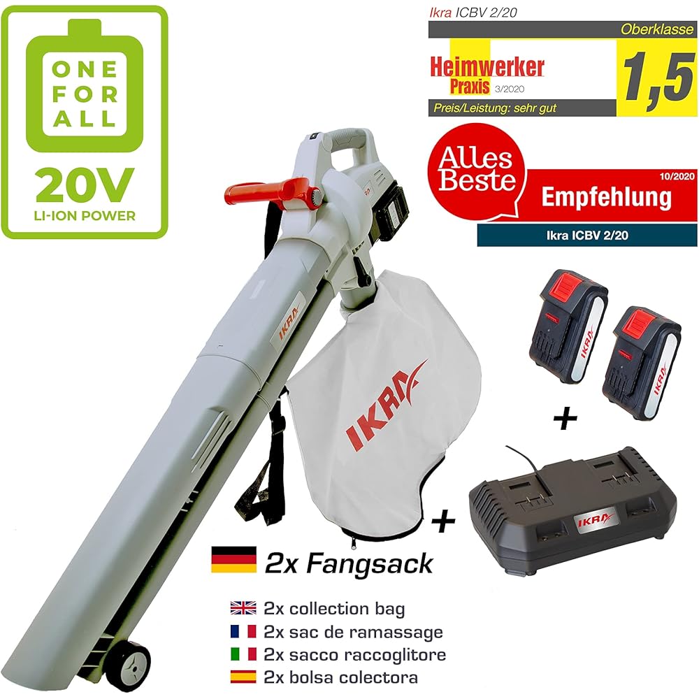 Ikra Aspirateur-souffleur à batterie ICBV 2/20, 2x batteries, 1x double charger rapide, 2x sac de ramassage inclus : Jardin