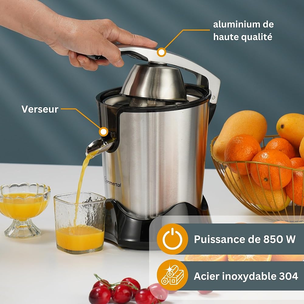 Sommertal CP850 - Presse-agrumes électrique avec moteur puissant de 850 W - Avec 2 cônes de pressage - Presse-agrumes manuel - Presse-agrumes en acier inoxydable - Presse-citron : Cuisine et Maison