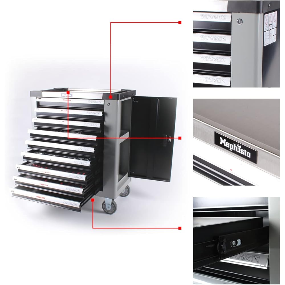 Mephisto Servante d'atelier avec 9 tiroirs, dont 9 tiroirs avec outils tels que clé, cliquet avec boîte à noix, incrustations souples aspect carbone : Bricolage