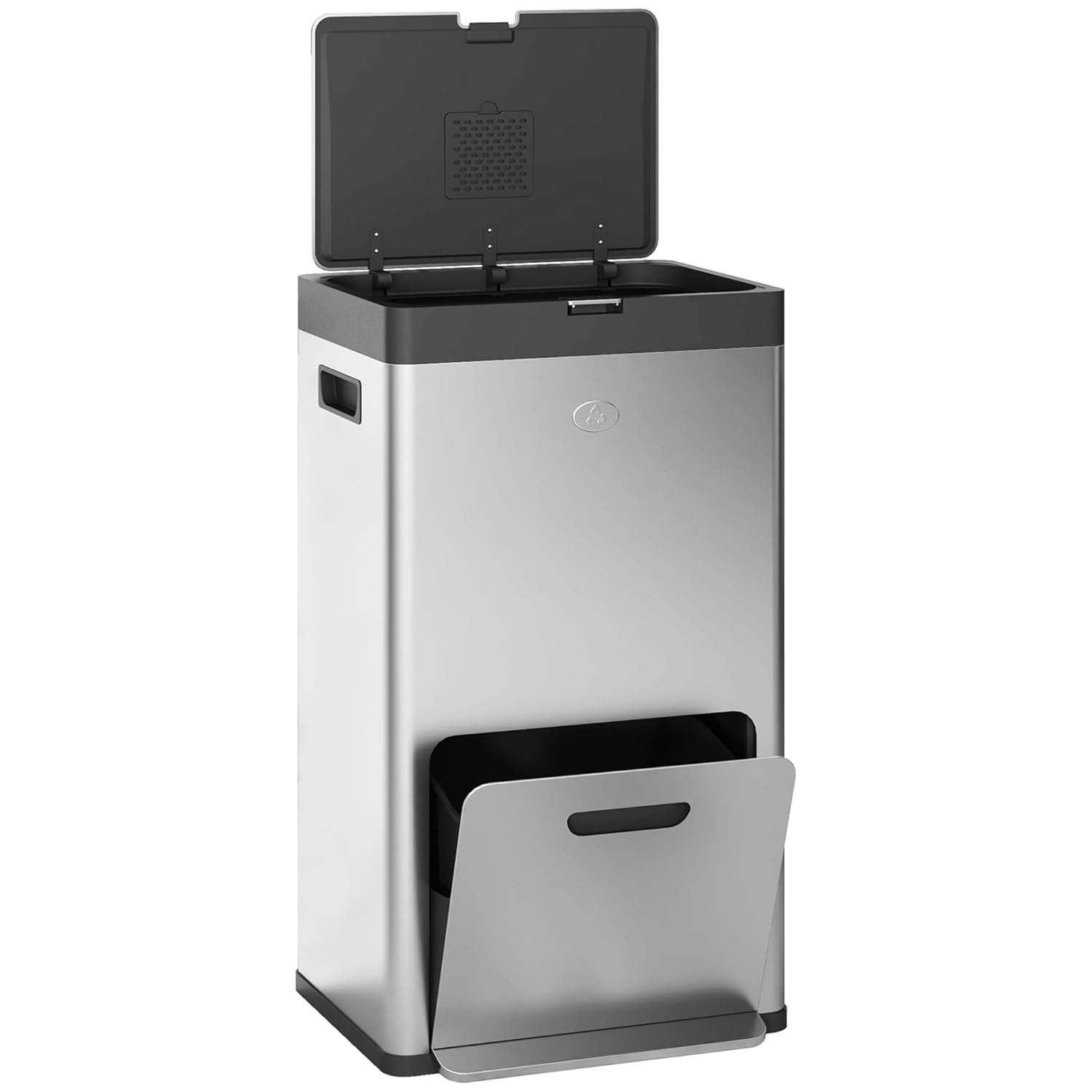 HOMCOM Poubelle de cuisine tri sélectif 56l avec roulettes, poubelle recyclage avec 3 compartiments, fermeture douce, pédale large, anti traces, anti odeurs argent : Cuisine et Maison