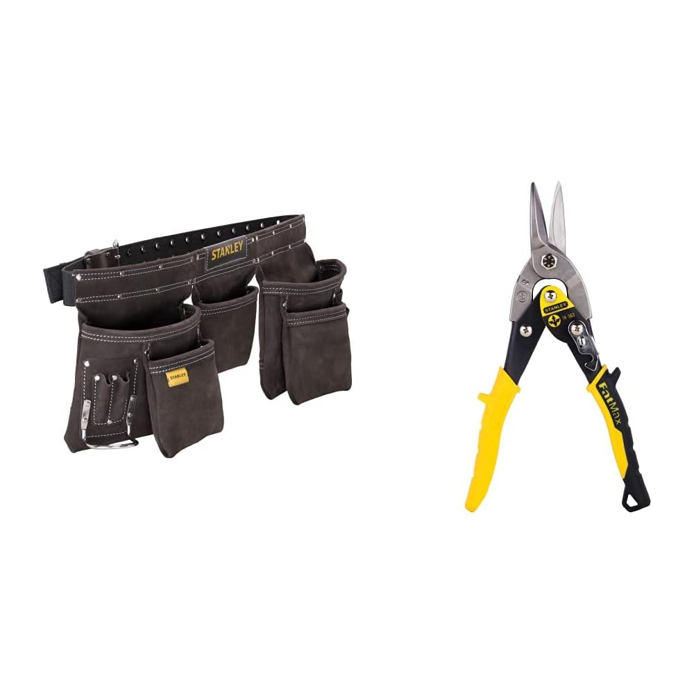 STANLEY Porte Outils Double Ceinture - Nombreuses Poches - Cuir de Qualité Supérieure - Dimensions 145 x 9 x 26 cm & FATMAX Cisaille Aviation Tête Droite Acier Forgé Chromé Double Action de Pivot : Bricolage