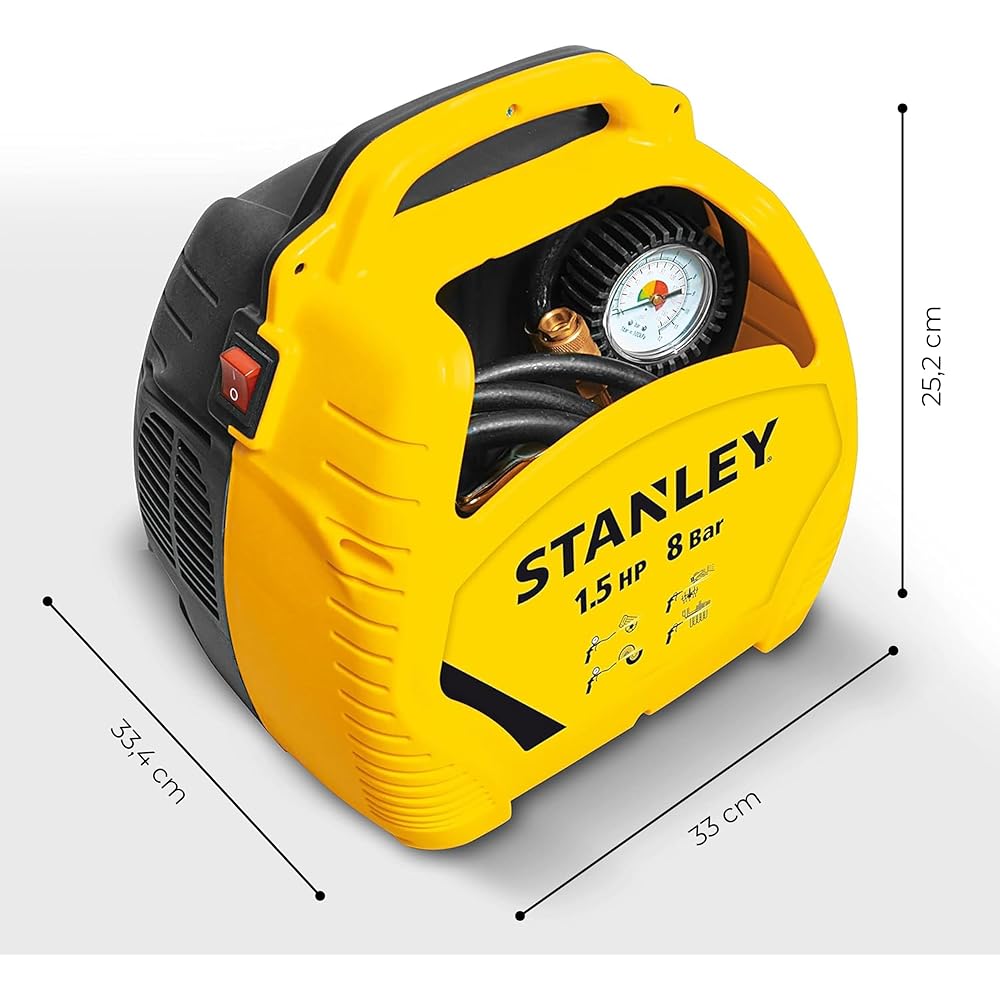 Stanley Compresseur à Air 8 Bar - Compresseur Voiture Portatif Sans Huile avec Outils Pneumatiques - Incl. Tuyau d'Air 3M, Pistolet à Air avec Manomètre et 3 Buses - Jaune : Stanley: Bricolage